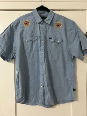 Howler Bros Blue Short-Sleeve Western Shirt with Embroidered Shoulder detail